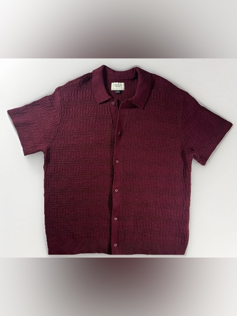 American Eagle Mens L Weekend Burgundy Knit Polo Short Sleeve Button Down Luxe